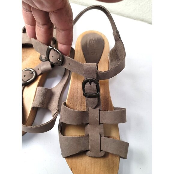 Sanita Taupe Ten Women’s Leather Wooden Sole Sandals Buckle Straps Size 38 US 7 - Picture 9 of 10